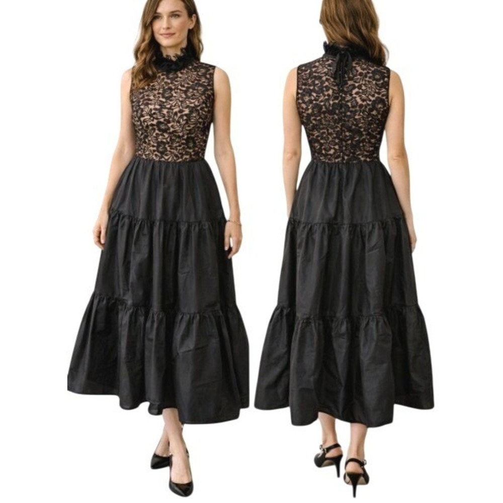 Vintage Lillie Rubin Evening Gown XS-S Black Lace Taffeta Romantic Victorian